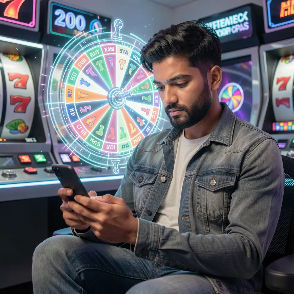 F222 mobile casino app user in Bangladesh checking his phone as a bright holographic roulette interface glows behind him
