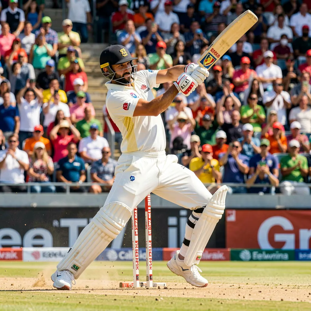 Professional cricket batsman playing an aggressive shot in a packed stadium showcasing high intensity cricket betting action available on F222 in Bangladesh