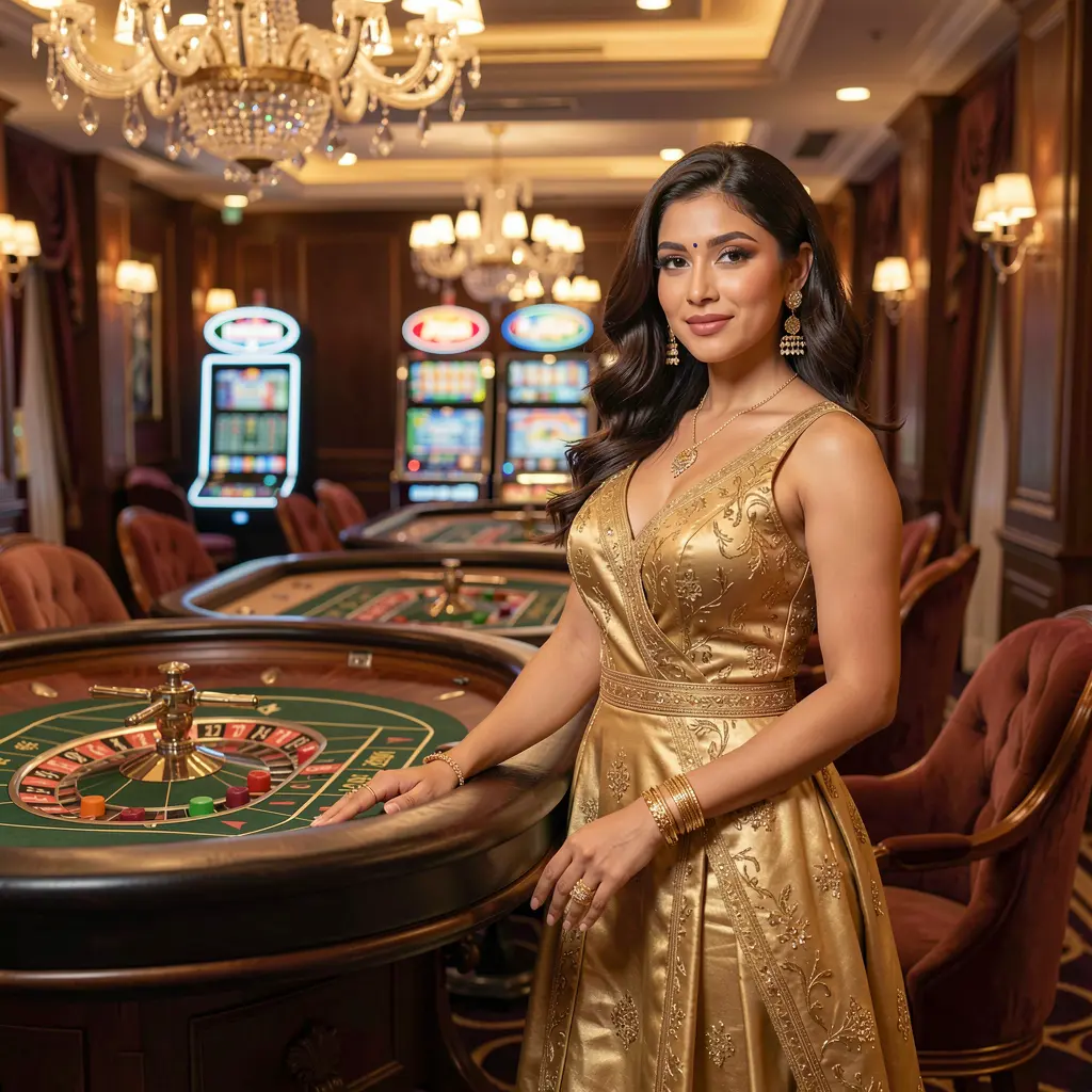 Elegant female casino dealer in a golden dress standing by a roulette table in a luxury casino setting at F222, creating a premium gaming atmosphere for players in Bangladesh