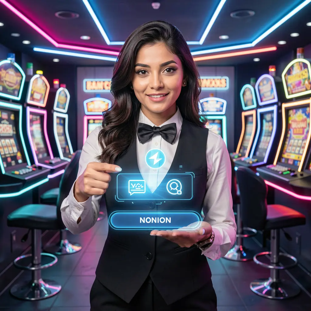 Elegant Bangladeshi casino staff member pointing at a virtual login button in a neon lit digital environment showcasing F222