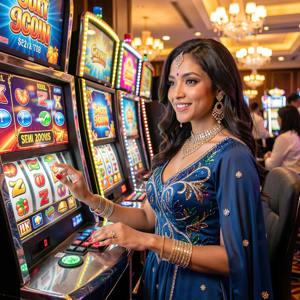 A glamorous woman in a flowing dress standing by bright slot machines with glowing symbols at F222 casino, showcasing premium online gaming for players in Bangladesh